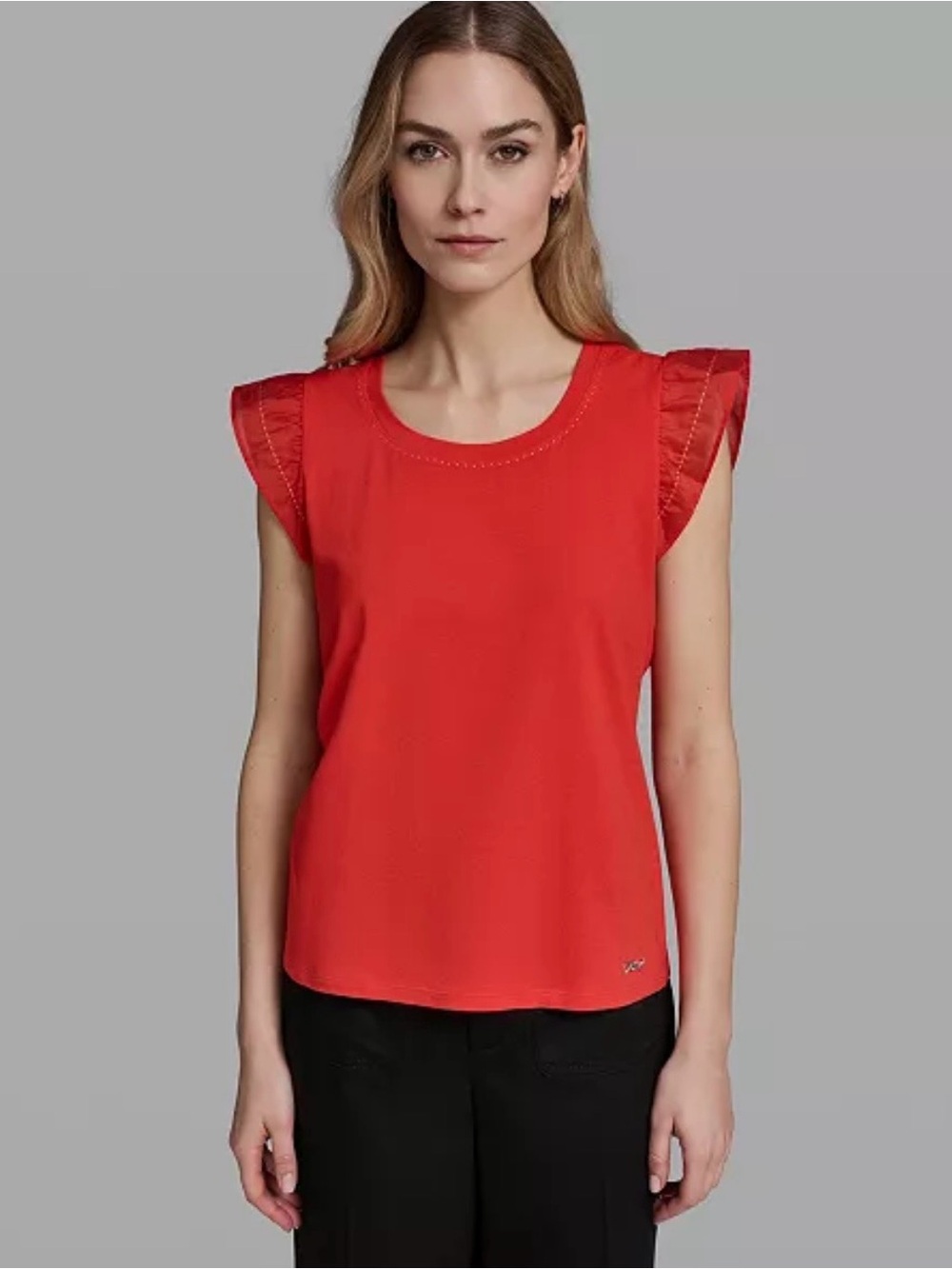 New Karl Lagerfeld Logo Paris Ruffle-Sleeve Orange Crewneck Top, Small,  $69